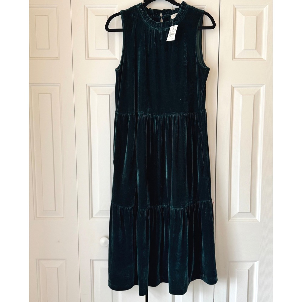 J.Crew Green Velvet Tiered Midi Dress Sleeveless Ruffle Neck BV966 Womens 8 NEW
